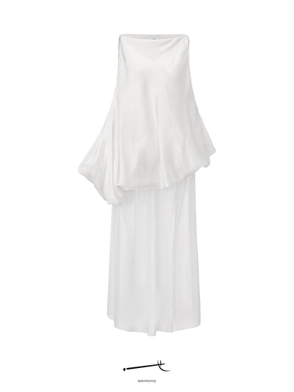 White-Satin Sheer Chiffon Bubble-Hem Maxi Dress