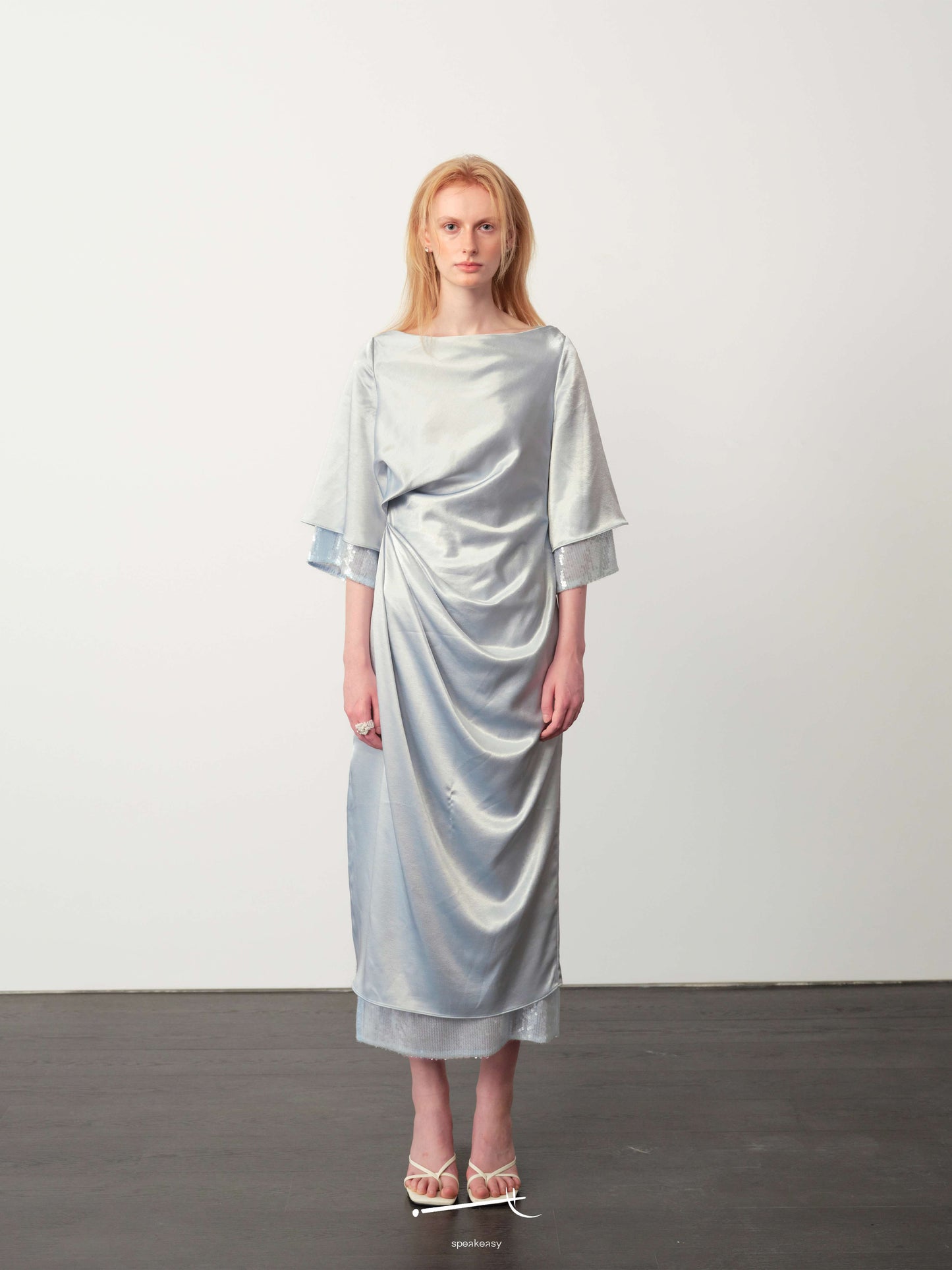 Hazy Acetate Twist-Pleat Open-Back Sequin Midi Dress