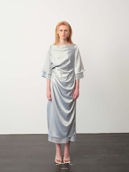 Hazy Acetate Twist-Pleat Open-Back Sequin Midi Dress