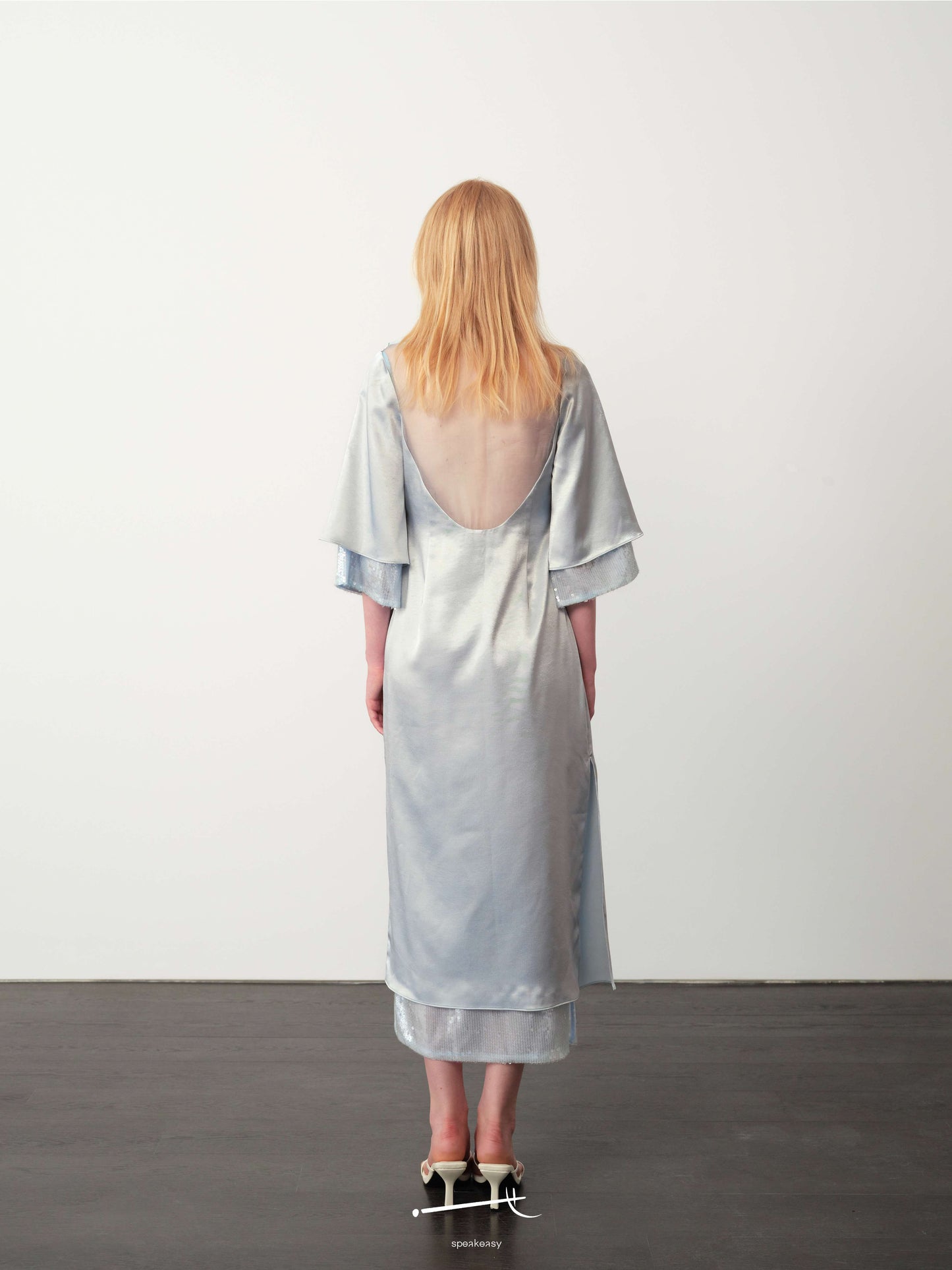 Hazy Acetate Twist-Pleat Open-Back Sequin Midi Dress