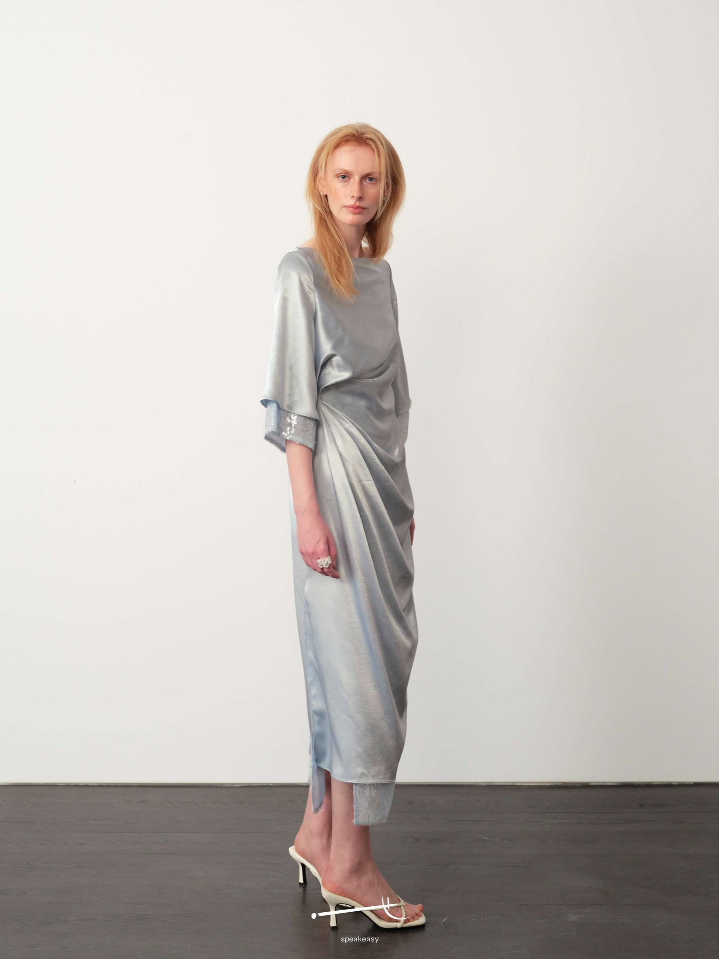Hazy Acetate Twist-Pleat Open-Back Sequin Midi Dress