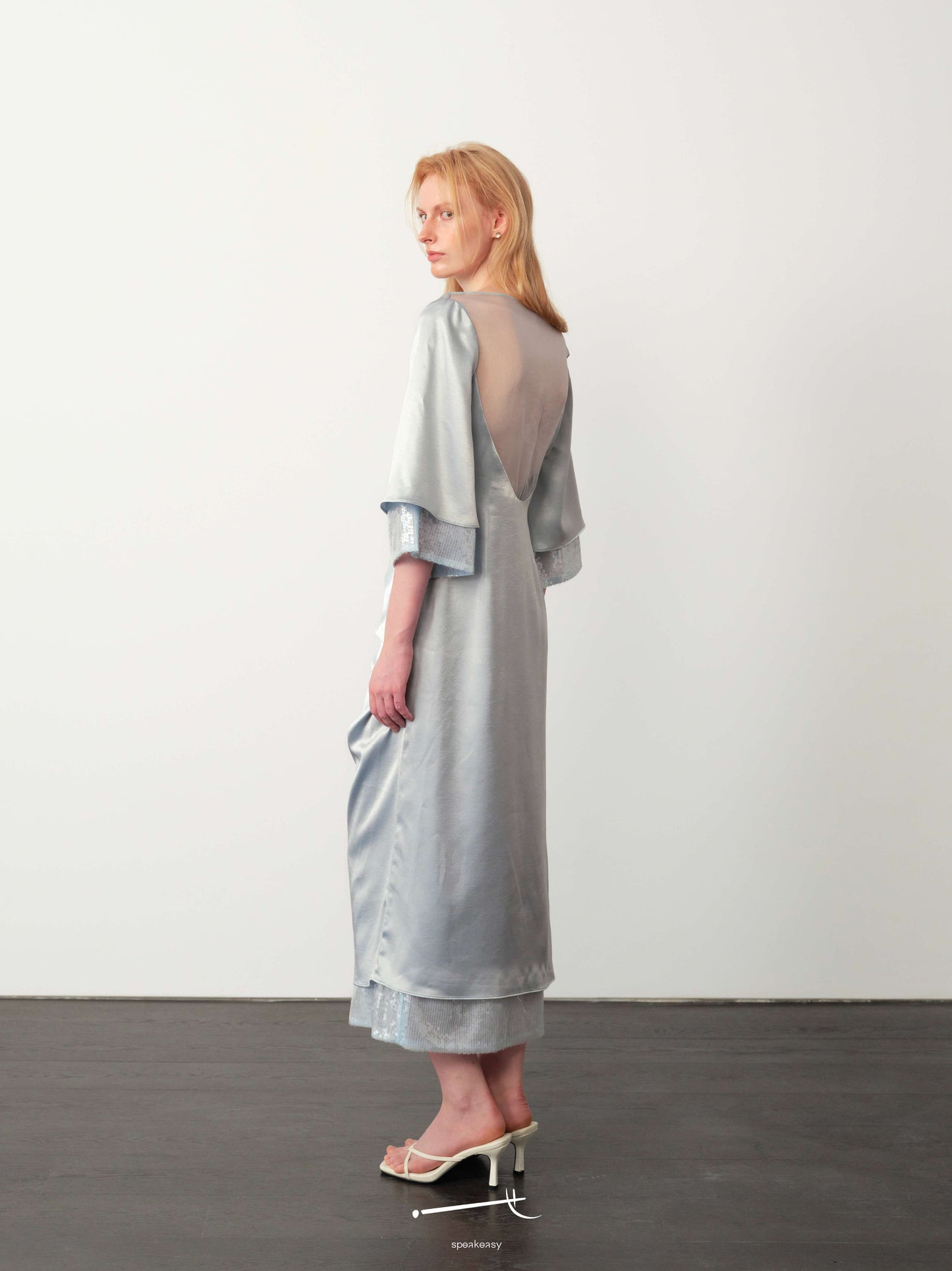 Hazy Acetate Twist-Pleat Open-Back Sequin Midi Dress