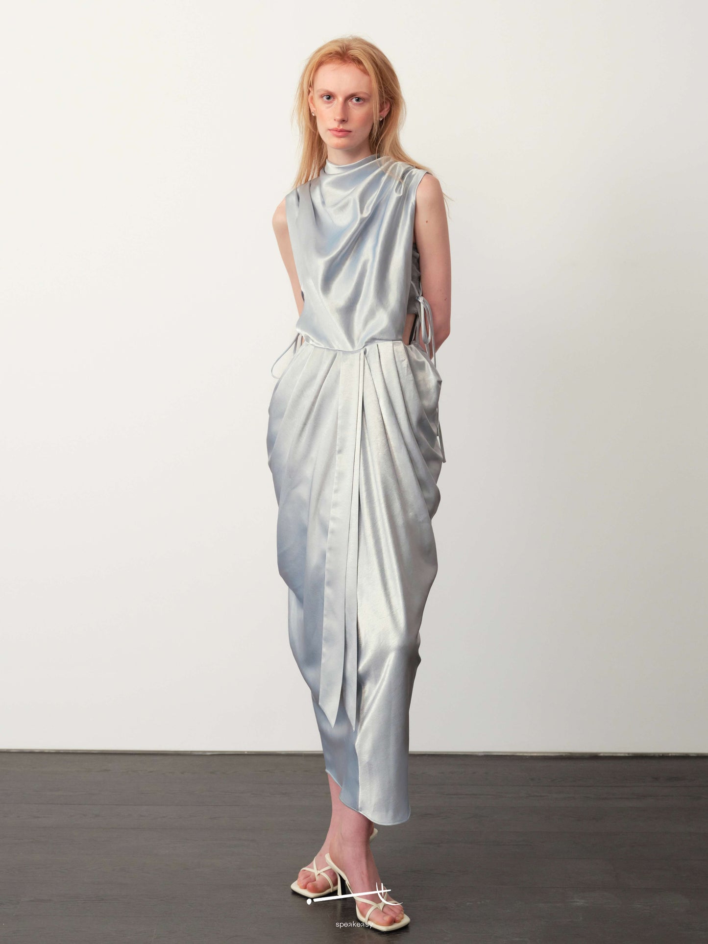 Hazy Acetate Cutout Waist Shimmer Maxi Skirt