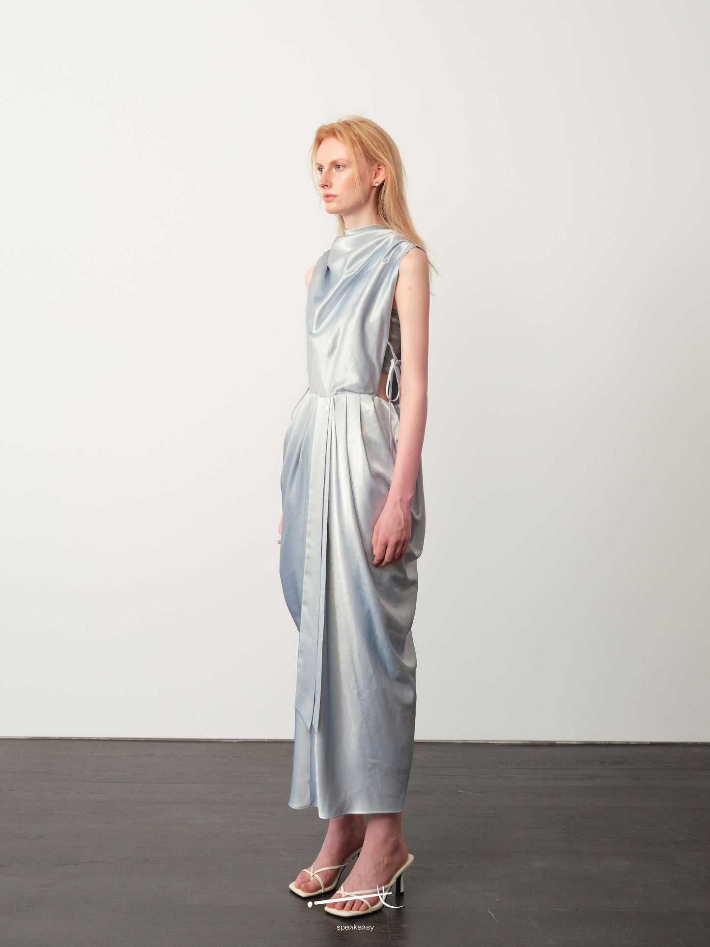 Hazy Acetate Cutout Waist Shimmer Maxi Skirt