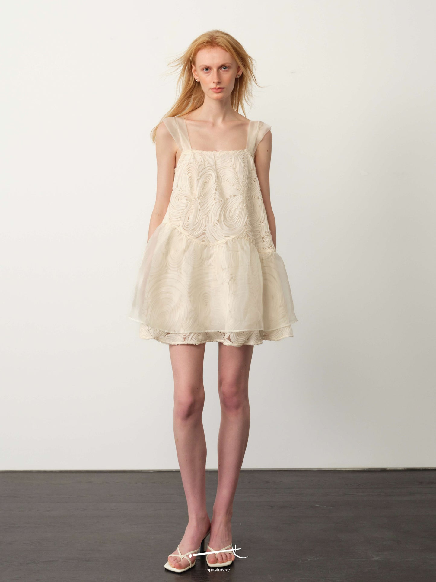 Openwork Jacquard Wave-Pleat Slip Dress