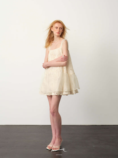 Openwork Jacquard Wave-Pleat Slip Dress