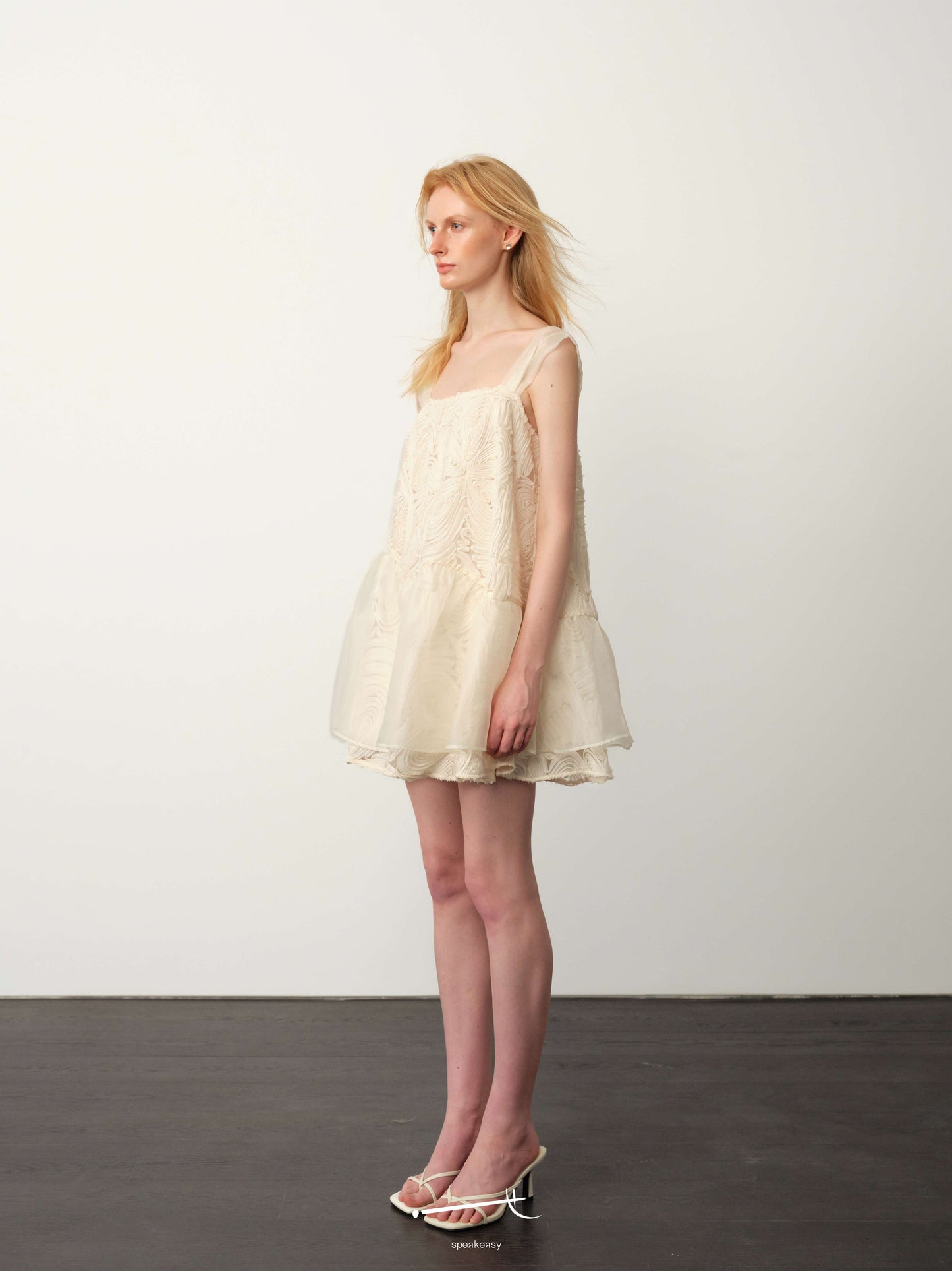 Openwork Jacquard Wave-Pleat Slip Dress