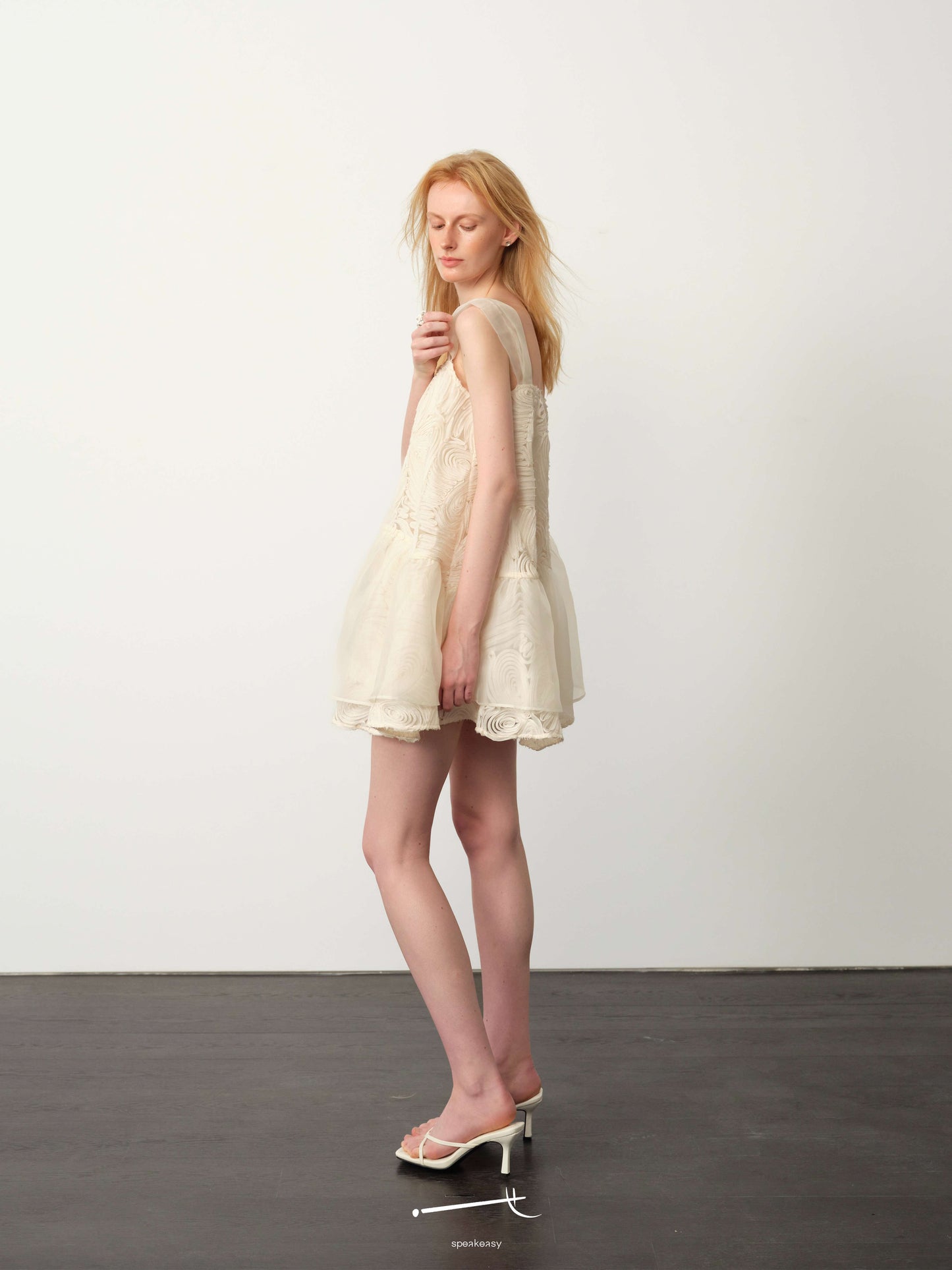 Openwork Jacquard Wave-Pleat Slip Dress