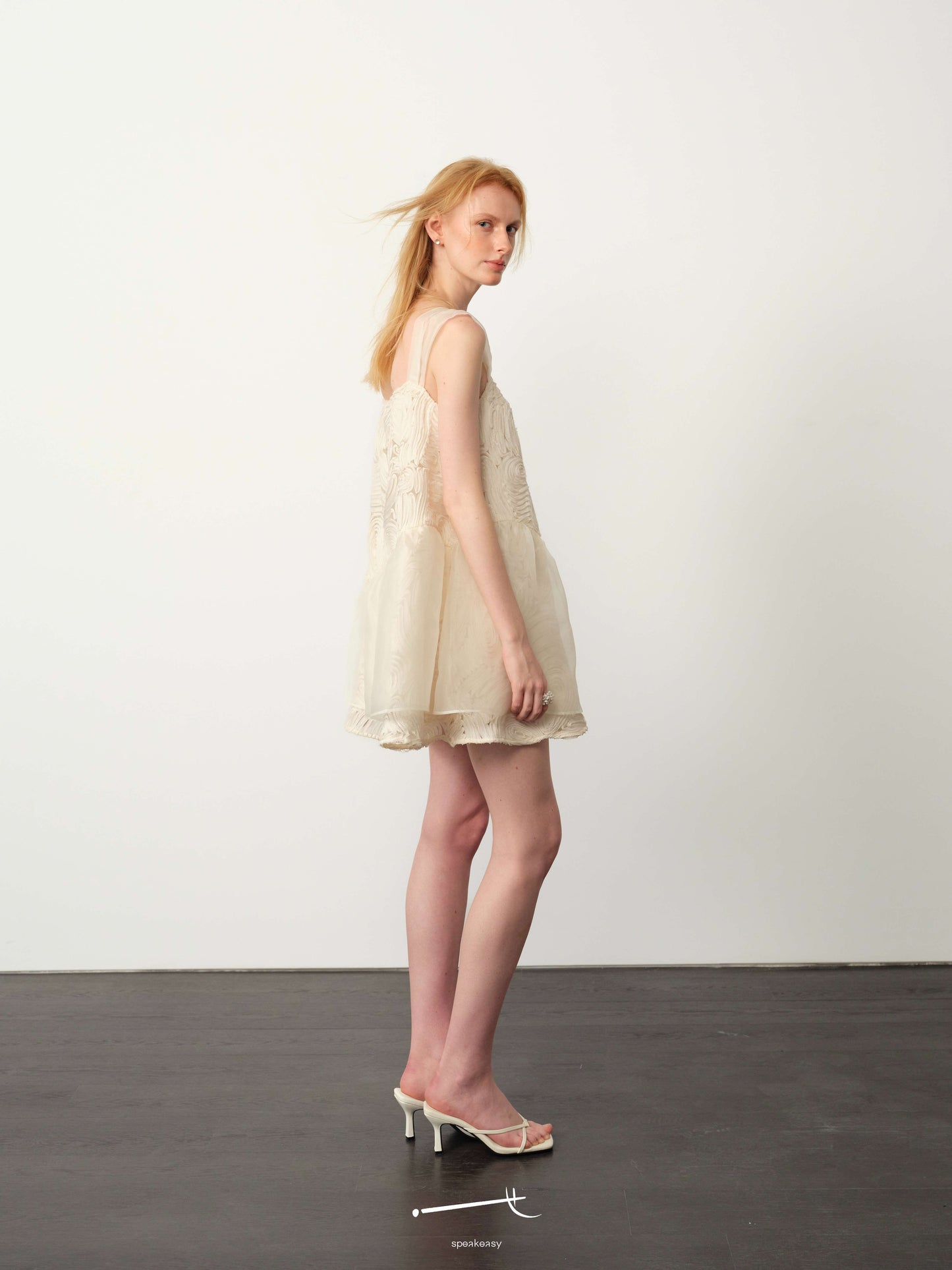 Openwork Jacquard Wave-Pleat Slip Dress