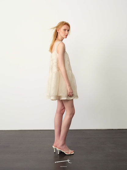 Openwork Jacquard Wave-Pleat Slip Dress