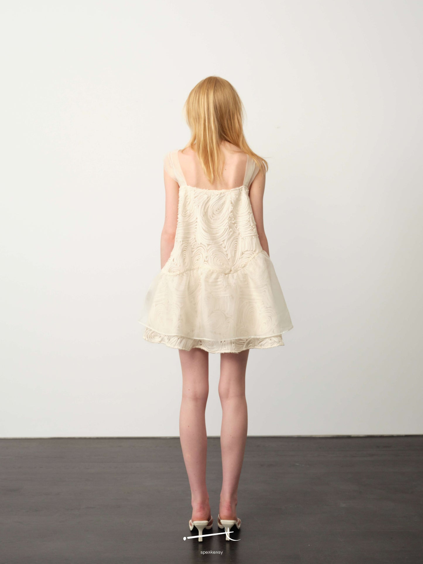 Openwork Jacquard Wave-Pleat Slip Dress