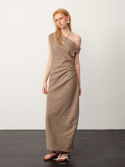 Soft One-Shoulder Knit Pleated Maxi Dress