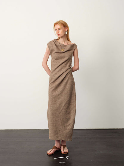 Soft One-Shoulder Knit Pleated Maxi Dress