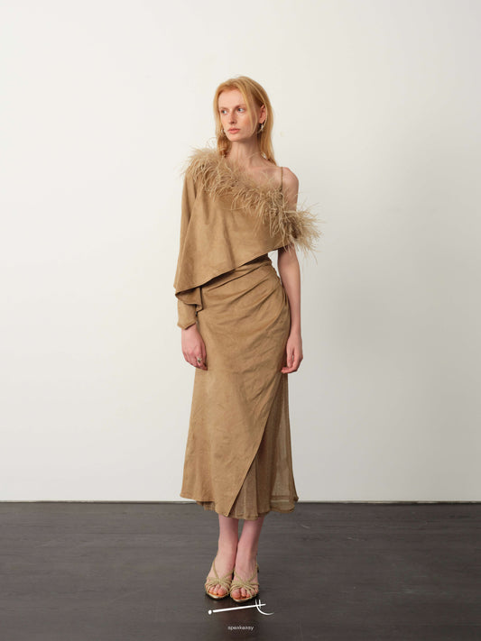 Suede Ostrich-Feather Cape & Star-Mesh Slip Midi Dress Set