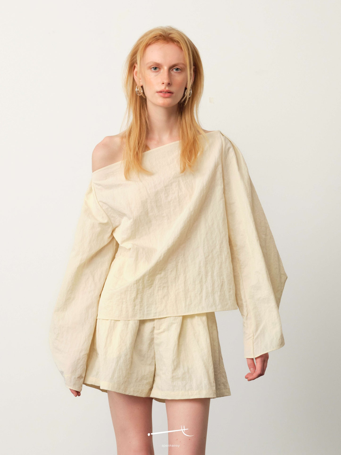 Textured Minimal Top & Cream Apricot Silk Shorts Set