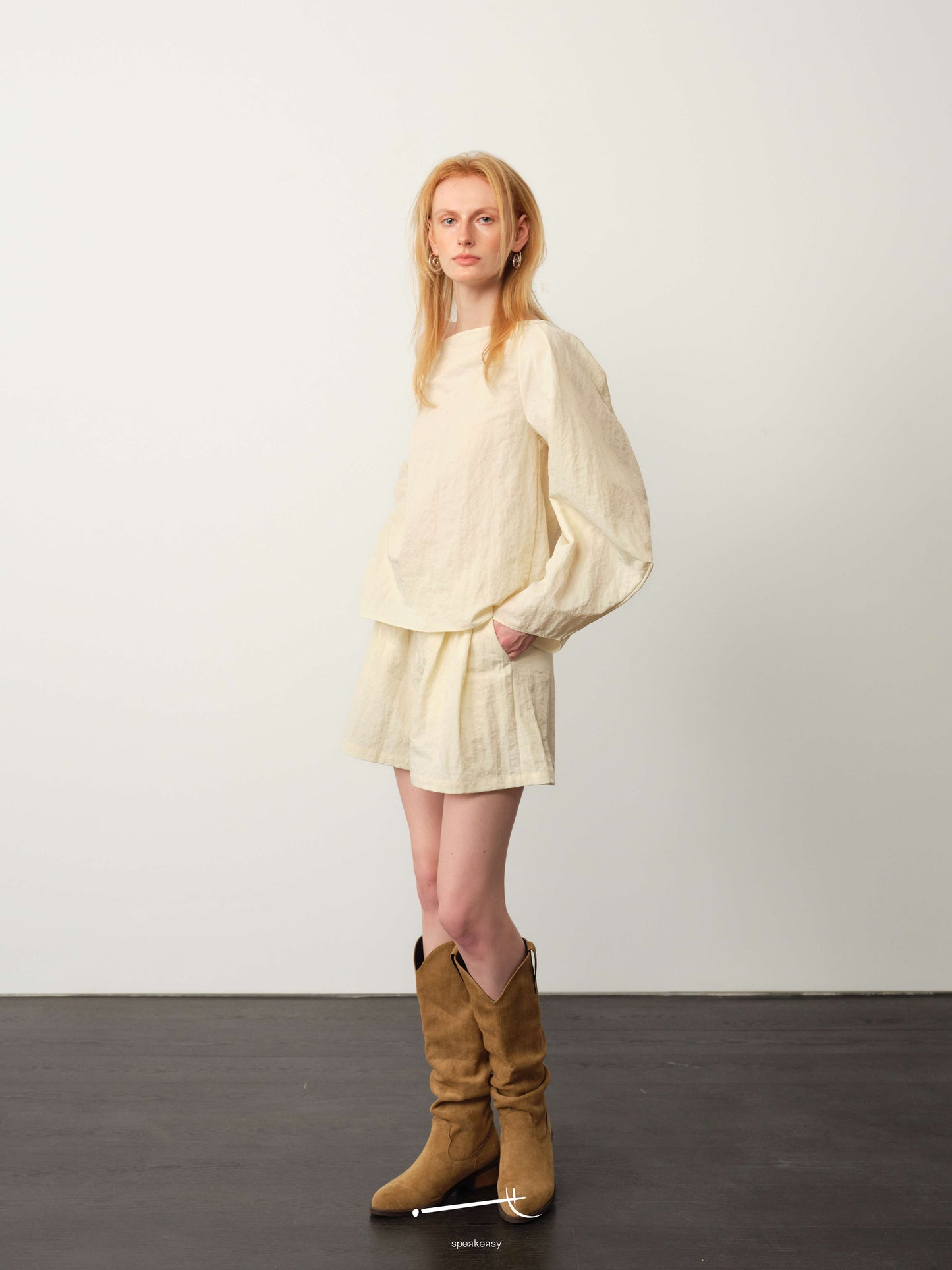 Textured Minimal Top & Cream Apricot Silk Shorts Set