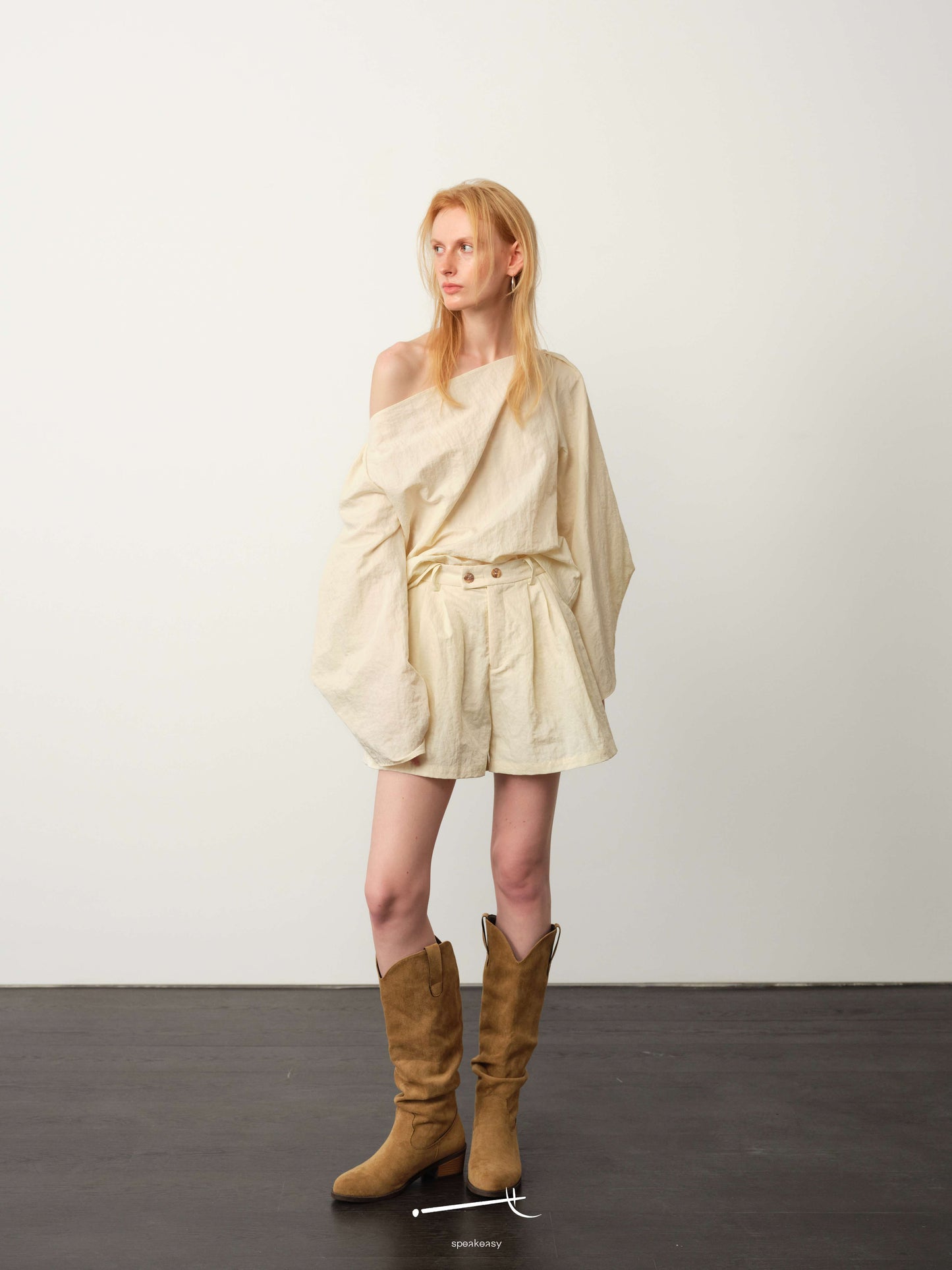 Textured Minimal Top & Cream Apricot Silk Shorts Set