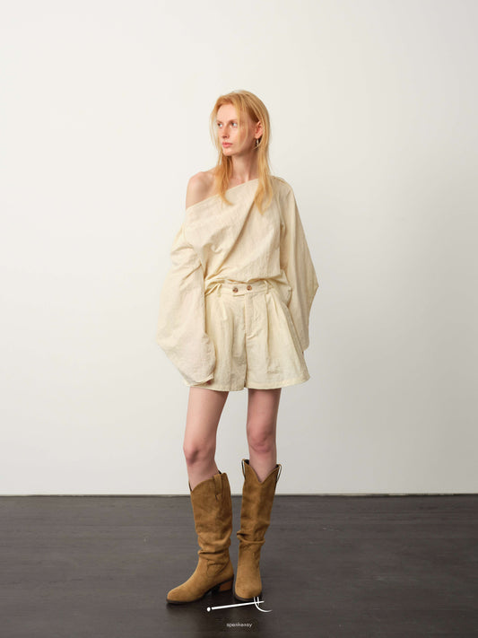 Textured Minimal Top & Cream Apricot Silk Shorts Set