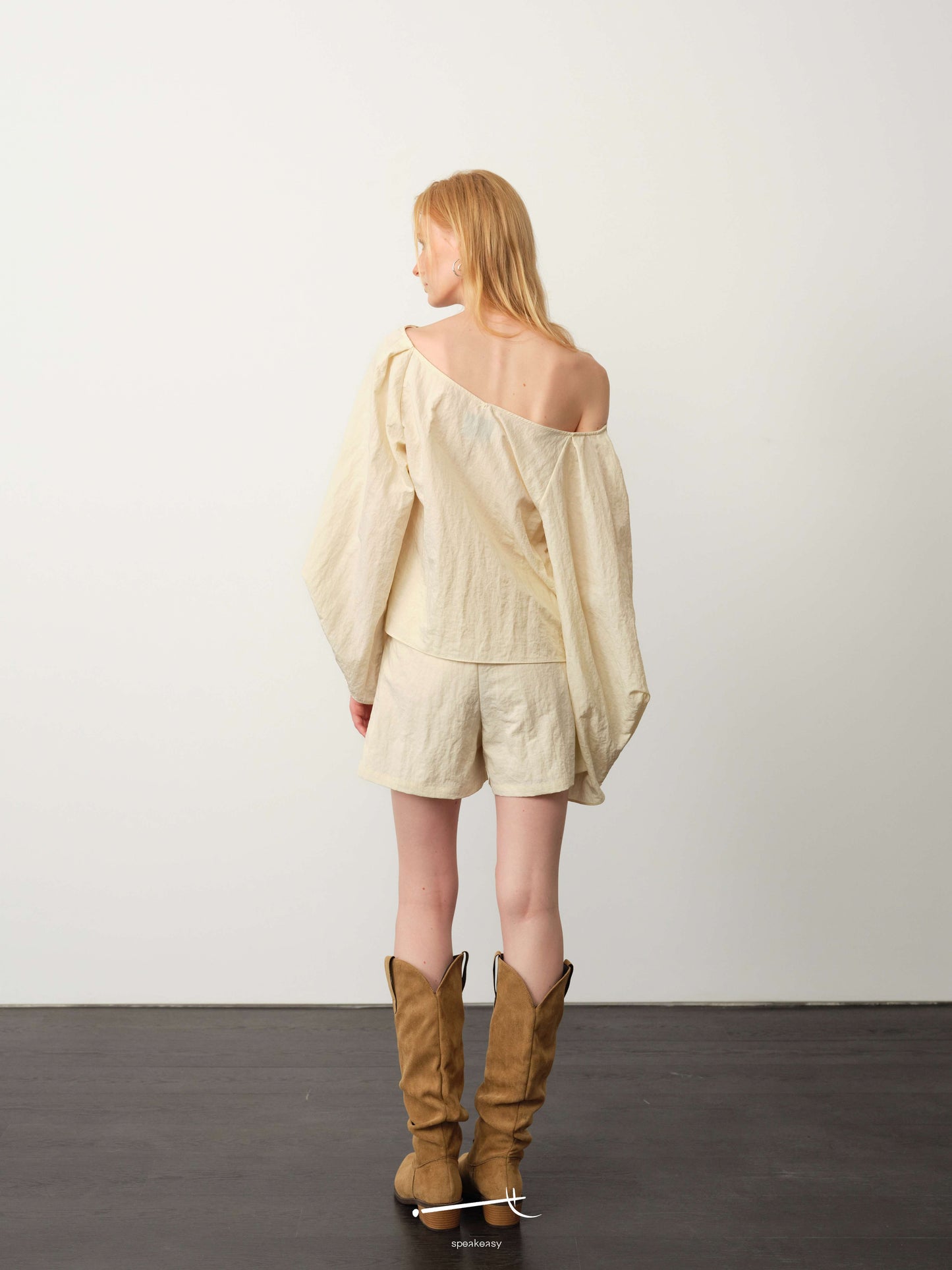 Textured Minimal Top & Cream Apricot Silk Shorts Set