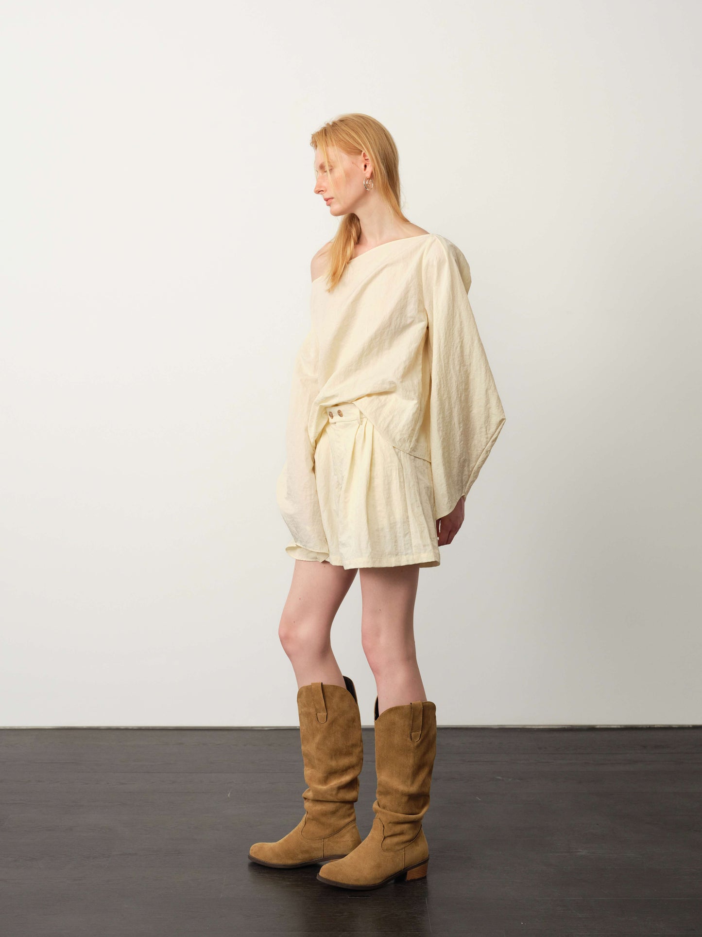 Textured Minimal Top & Cream Apricot Silk Shorts Set