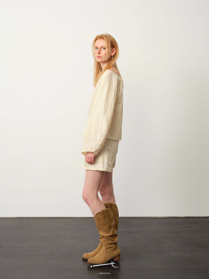Textured Minimal Top & Cream Apricot Silk Shorts Set