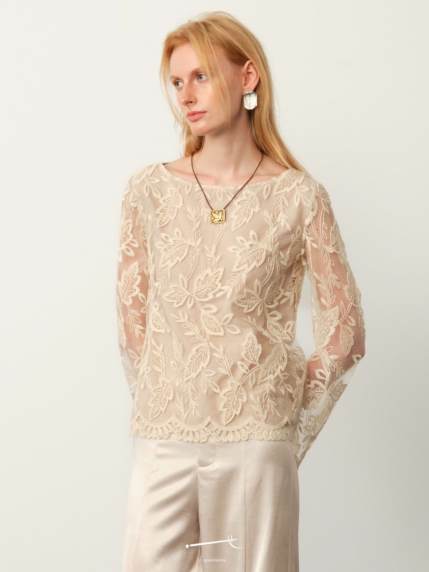 Lace Jacquard Sheer Top & Pleated Acetate Trouser Set