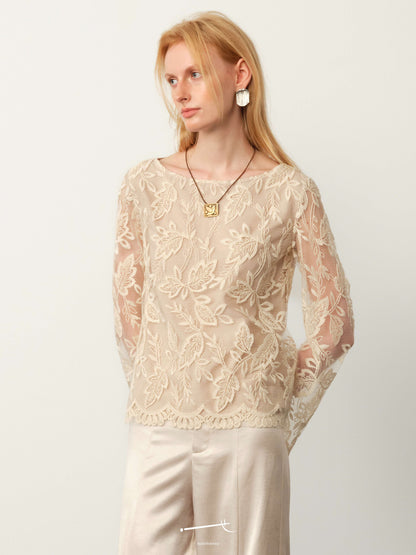 Lace Jacquard Sheer Top & Pleated Acetate Trouser Set