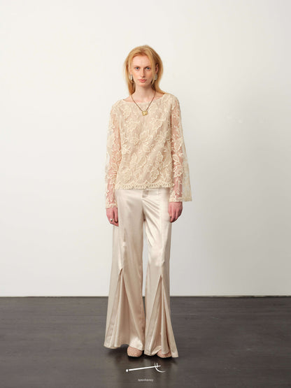 Lace Jacquard Sheer Top & Pleated Acetate Trouser Set