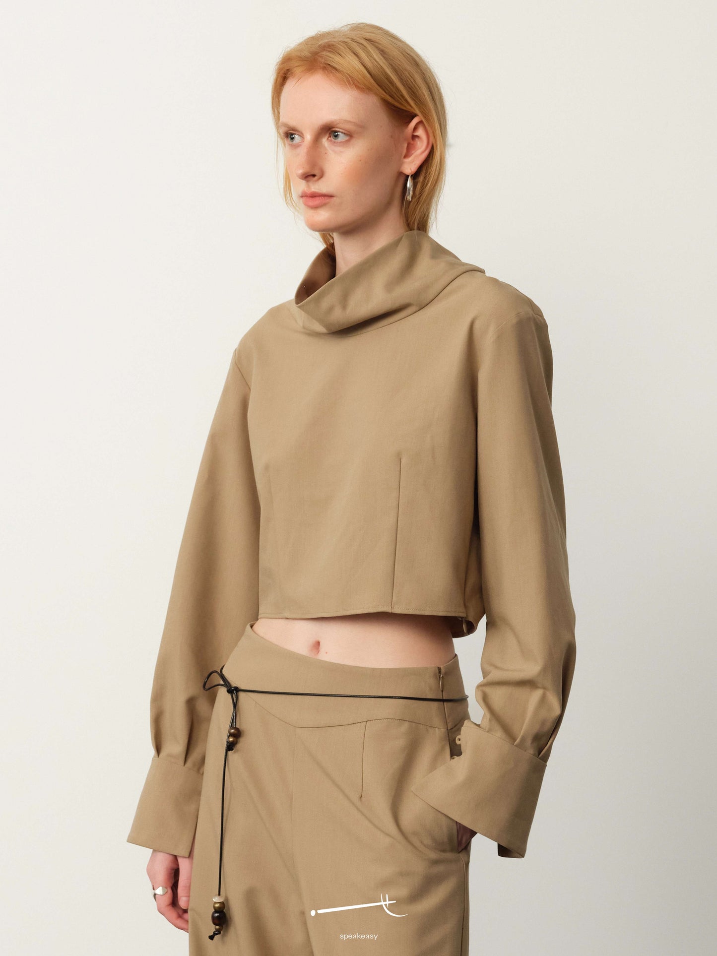 Khaki Wide-Neck Long-Sleeve Top & Waist-Panel Tailored Trouser Set