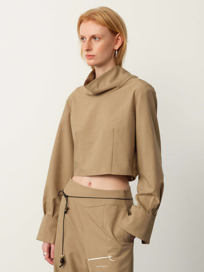Khaki Wide-Neck Long-Sleeve Top & Waist-Panel Tailored Trouser Set