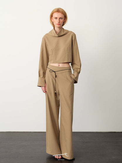 Khaki Wide-Neck Long-Sleeve Top & Waist-Panel Tailored Trouser Set