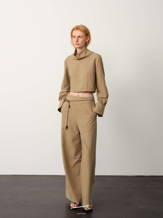 Khaki Wide-Neck Long-Sleeve Top & Waist-Panel Tailored Trouser Set