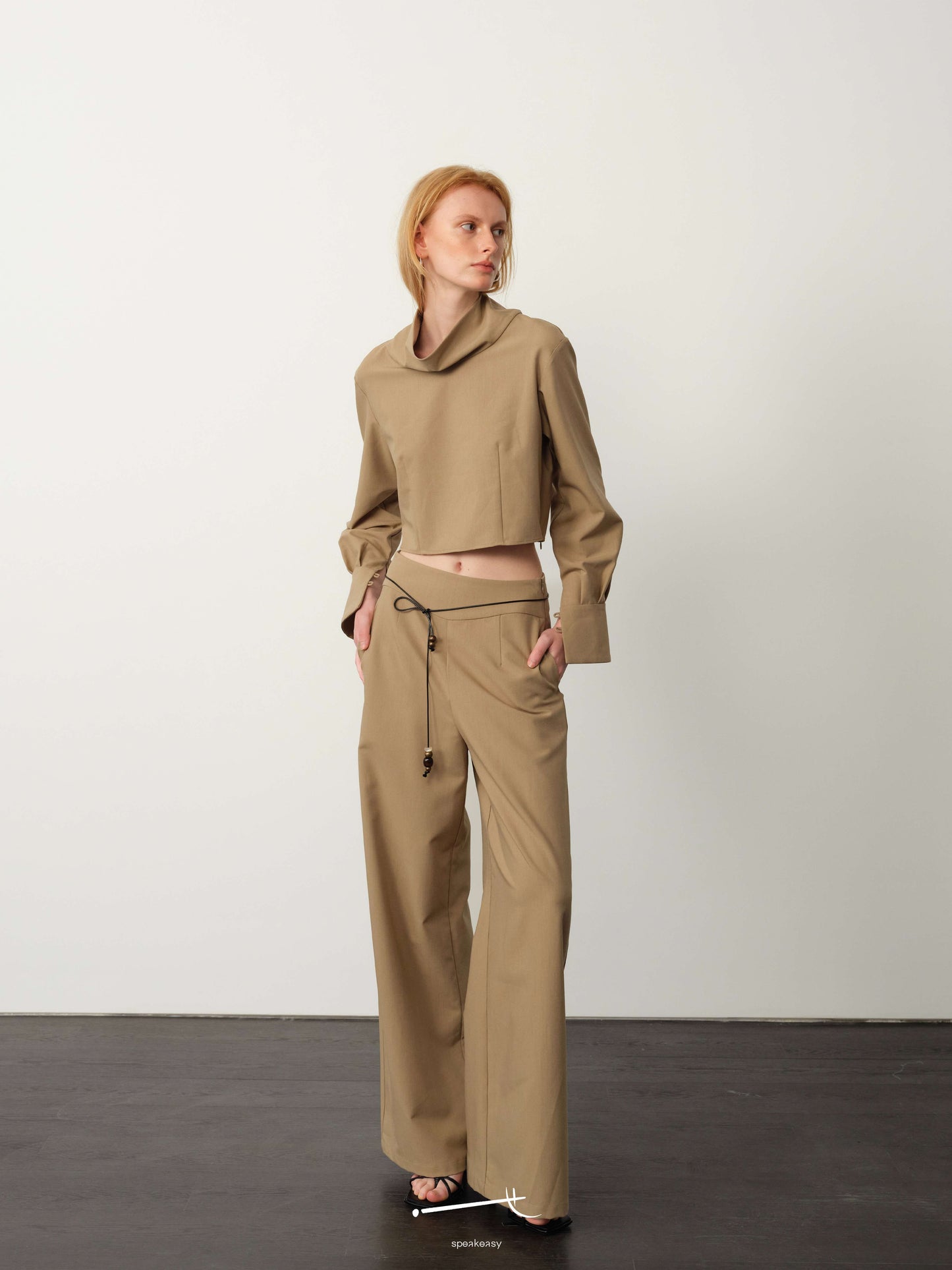 Khaki Wide-Neck Long-Sleeve Top & Waist-Panel Tailored Trouser Set