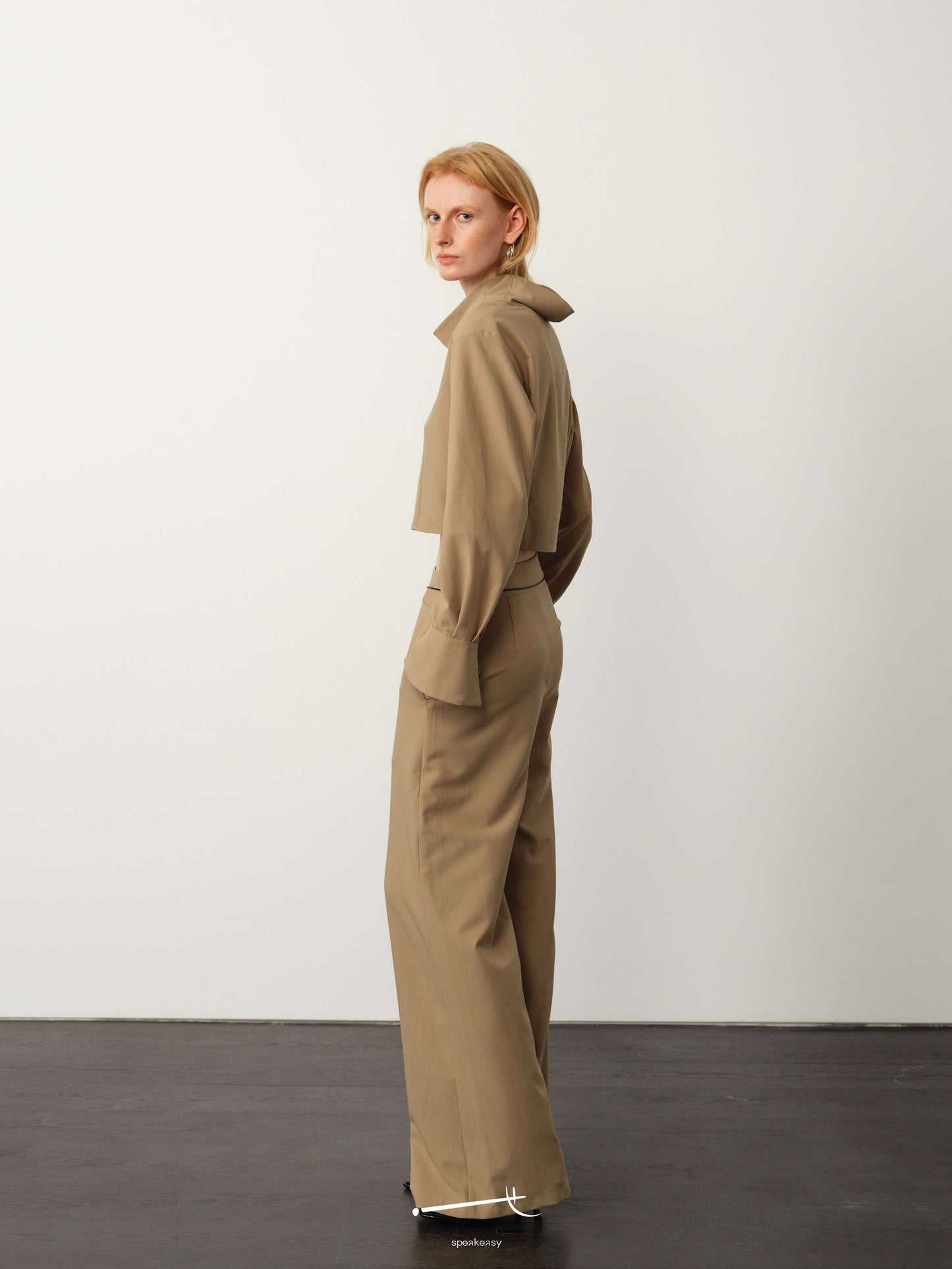 Khaki Wide-Neck Long-Sleeve Top & Waist-Panel Tailored Trouser Set