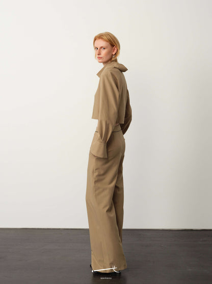 Khaki Wide-Neck Long-Sleeve Top & Waist-Panel Tailored Trouser Set
