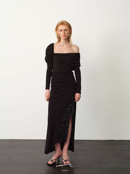 Asymmetrical Pleated Wool Long-Sleeve Top & Midi Skirt Set