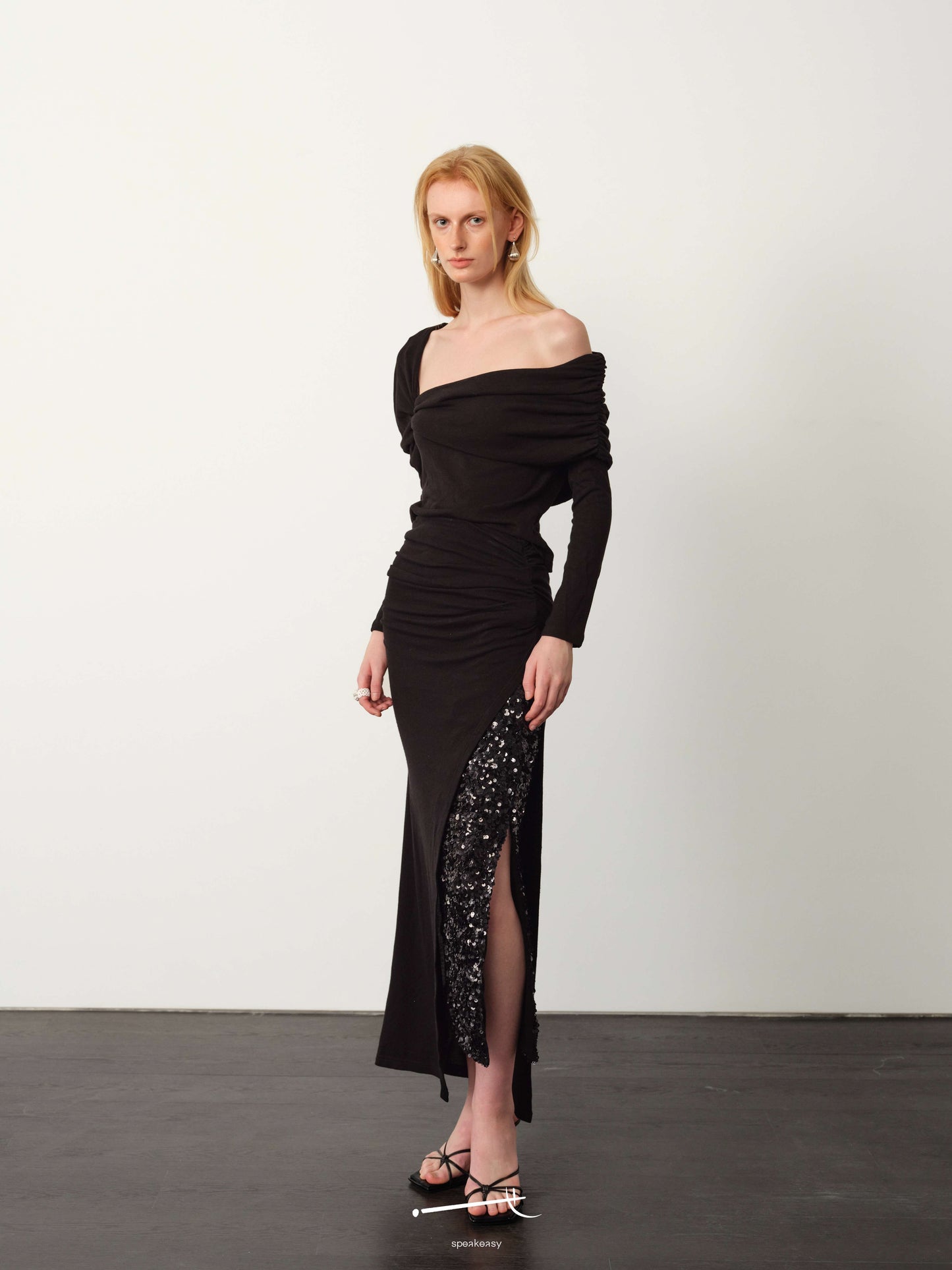 Asymmetrical Pleated Wool Long-Sleeve Top & Midi Skirt Set