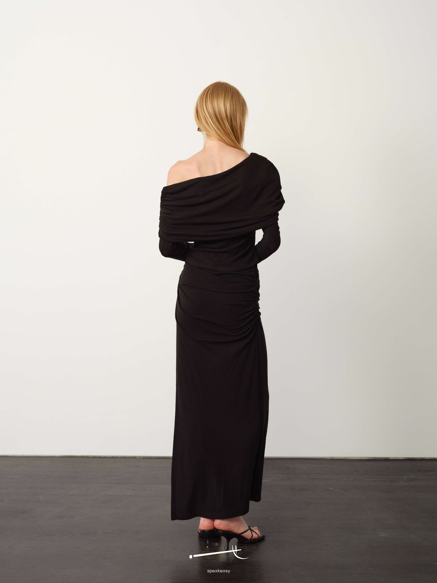 Asymmetrical Pleated Wool Long-Sleeve Top & Midi Skirt Set