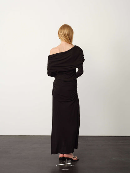 Asymmetrical Pleated Wool Long-Sleeve Top & Midi Skirt Set