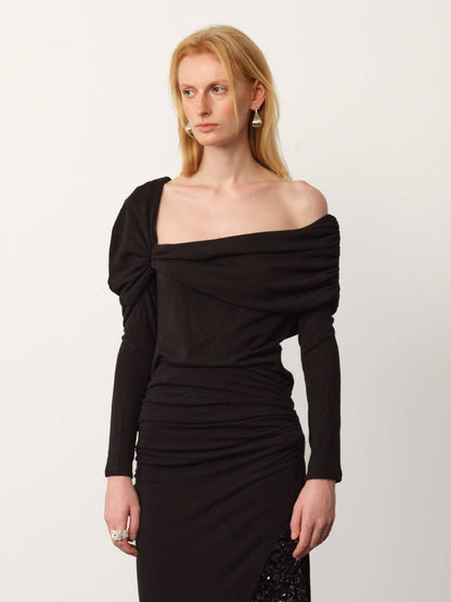 Asymmetrical Pleated Wool Long-Sleeve Top & Midi Skirt Set