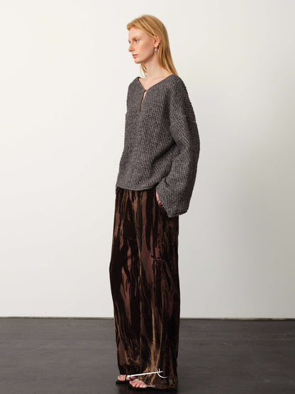 Reversible Wool Knit Cardigan & Burnout Sheer Draped Trouser Set
