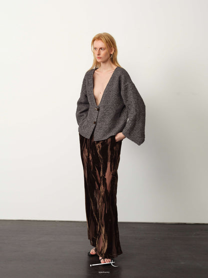 Reversible Wool Knit Cardigan & Burnout Sheer Draped Trouser Set