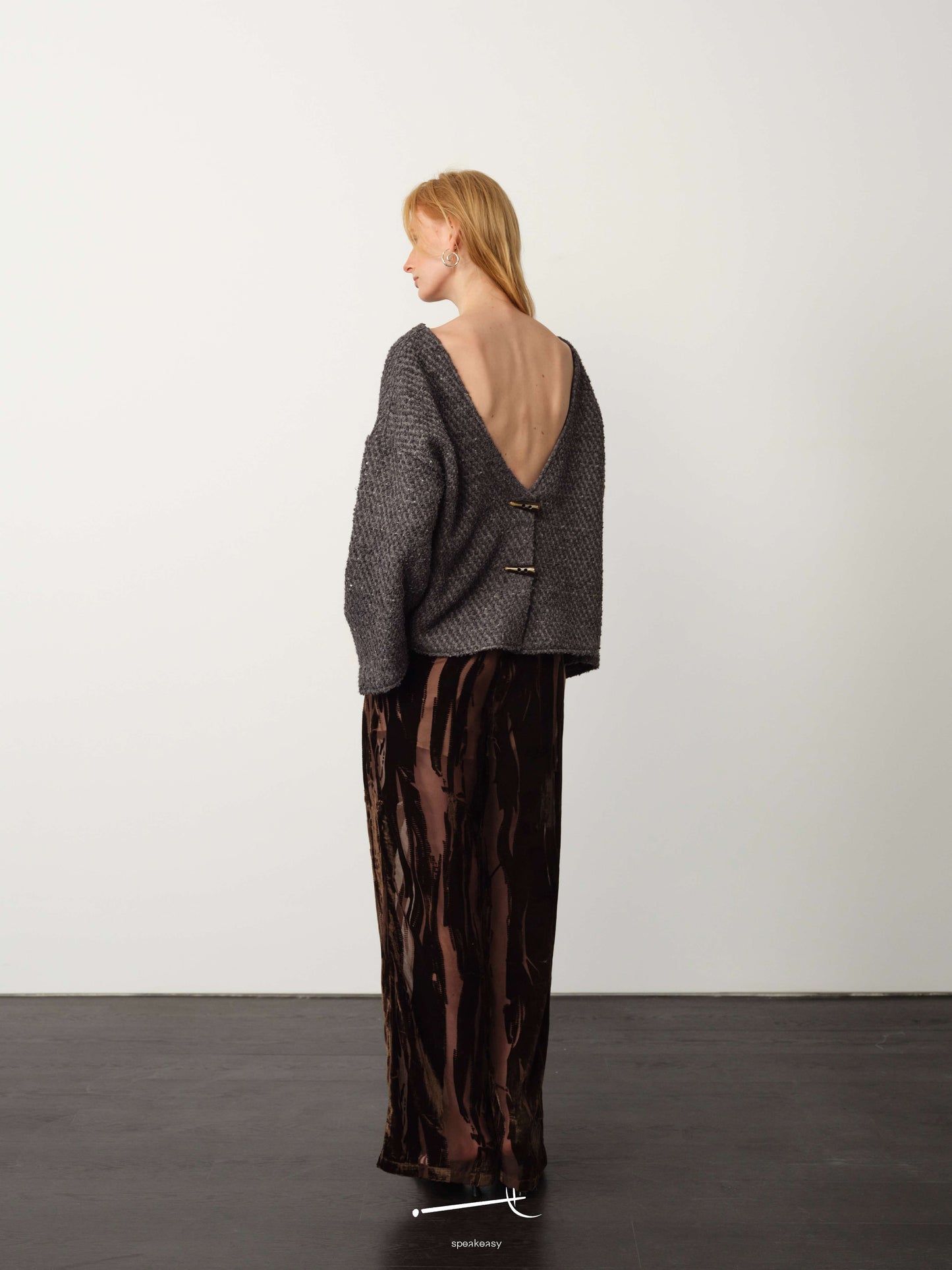 Reversible Wool Knit Cardigan & Burnout Sheer Draped Trouser Set