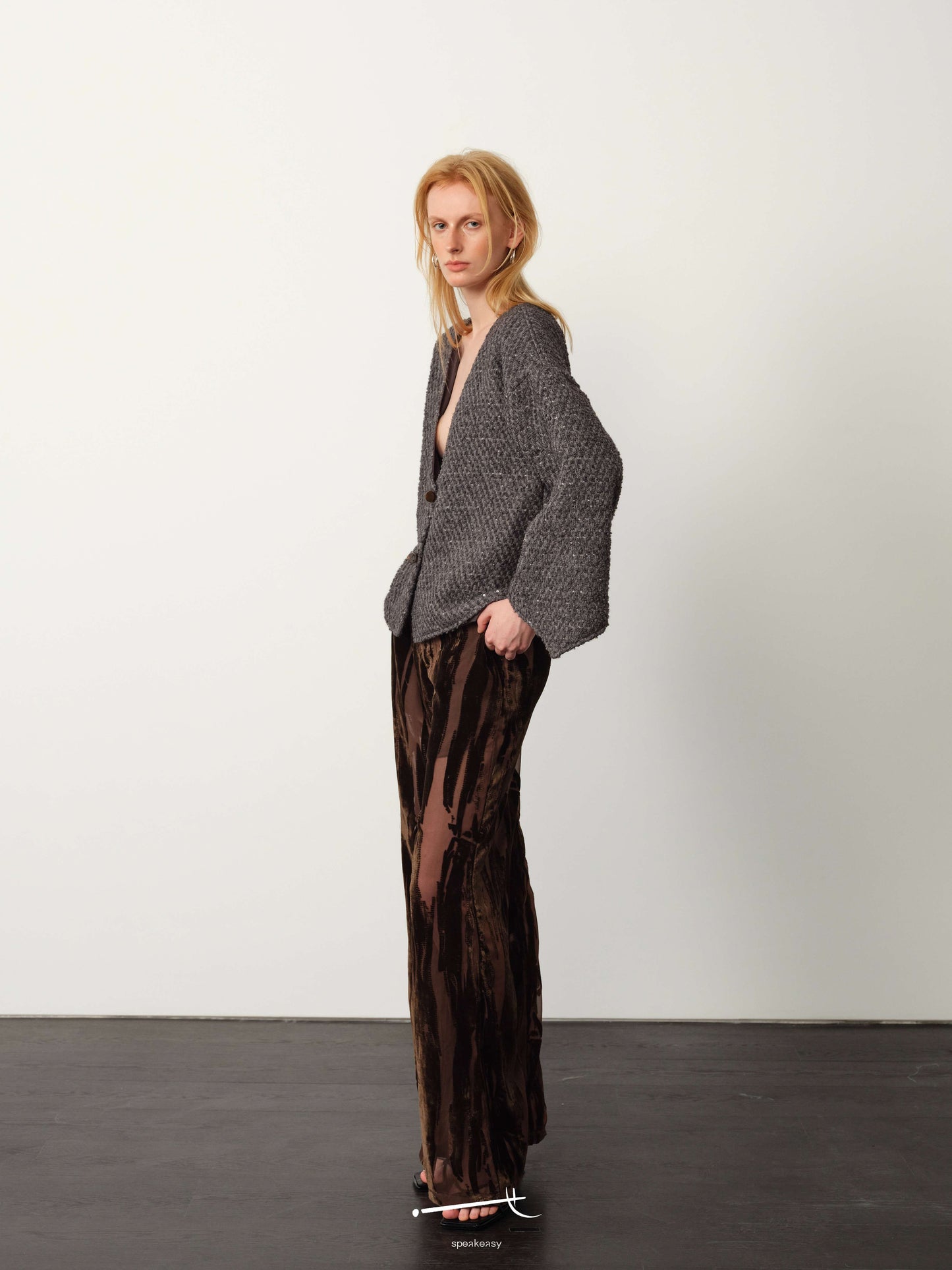 Reversible Wool Knit Cardigan & Burnout Sheer Draped Trouser Set