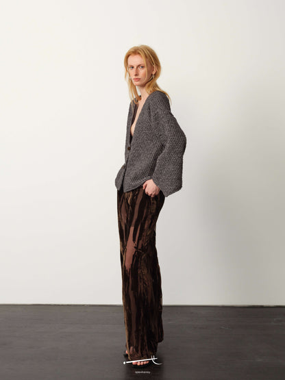 Reversible Wool Knit Cardigan & Burnout Sheer Draped Trouser Set
