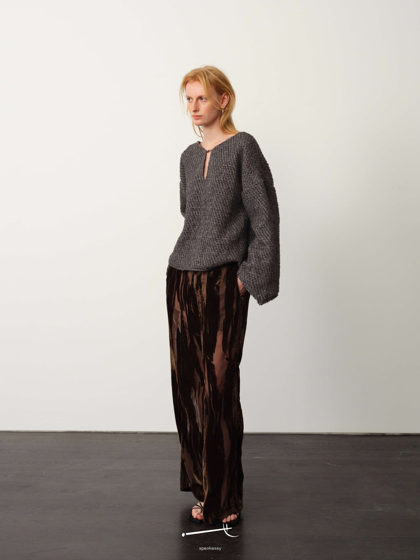 Reversible Wool Knit Cardigan & Burnout Sheer Draped Trouser Set