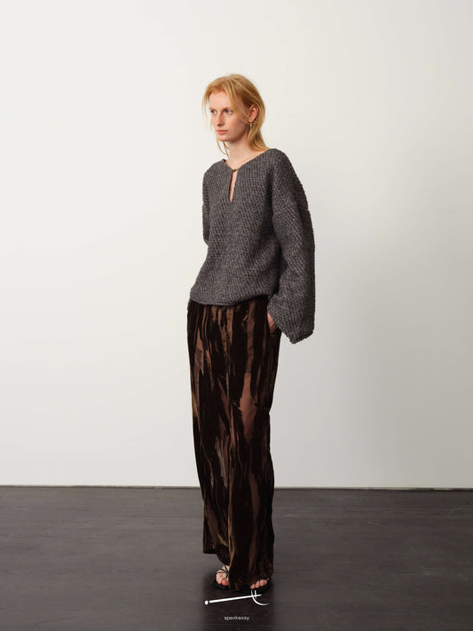 Reversible Wool Knit Cardigan & Burnout Sheer Draped Trouser Set