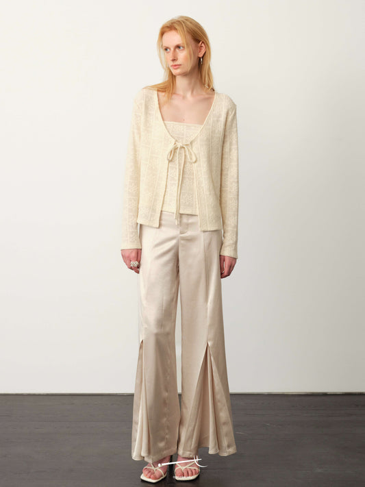 Snow-Pattern Knit Cardigan, Bandeau & Pleated Acetate Trouser Set